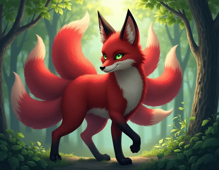 anime, A big fox with a completely deep red color with 6 tails anime, Without white color, ojos de color verde, forest background.