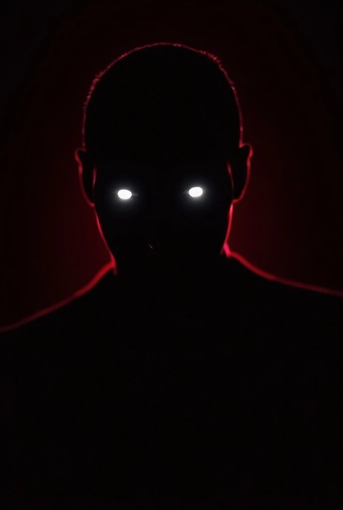 Face silhouette on a black background with exterior outlines in red neon style and white eyes