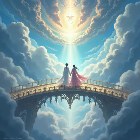 


Image 2:  The Floating Bridge of Heaven
Izanagi and Izanami are standing on the heavenly bridge ,  looking down to the earth .  The sky is full of clouds and rays of light .




