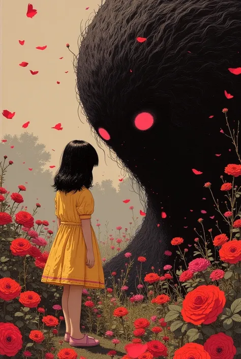 full-length, masterpiece, luminism, cinematic, close-up of a monster spying on a cute girl walking in the garden, oil painting, heavy brushstrokes, dripping paint Symphony Crimson threads dancing with rose petals With airy lightness and heavenly aura, Visi...