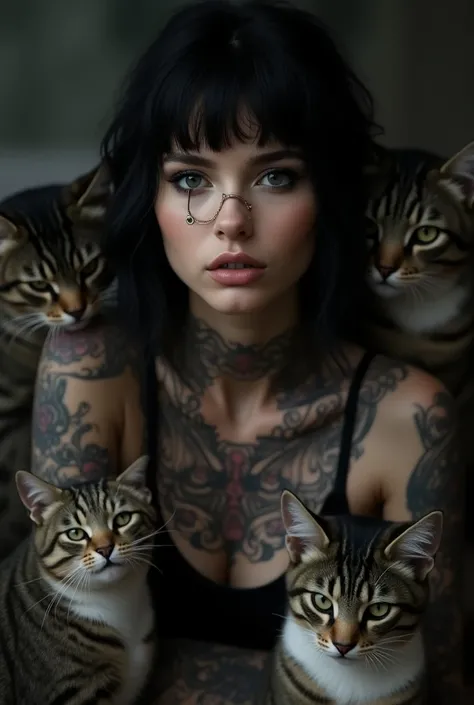 Tattooed young european woman, dark hair, bangs, nose piercing, septum, lip piercing, several cats, black and white