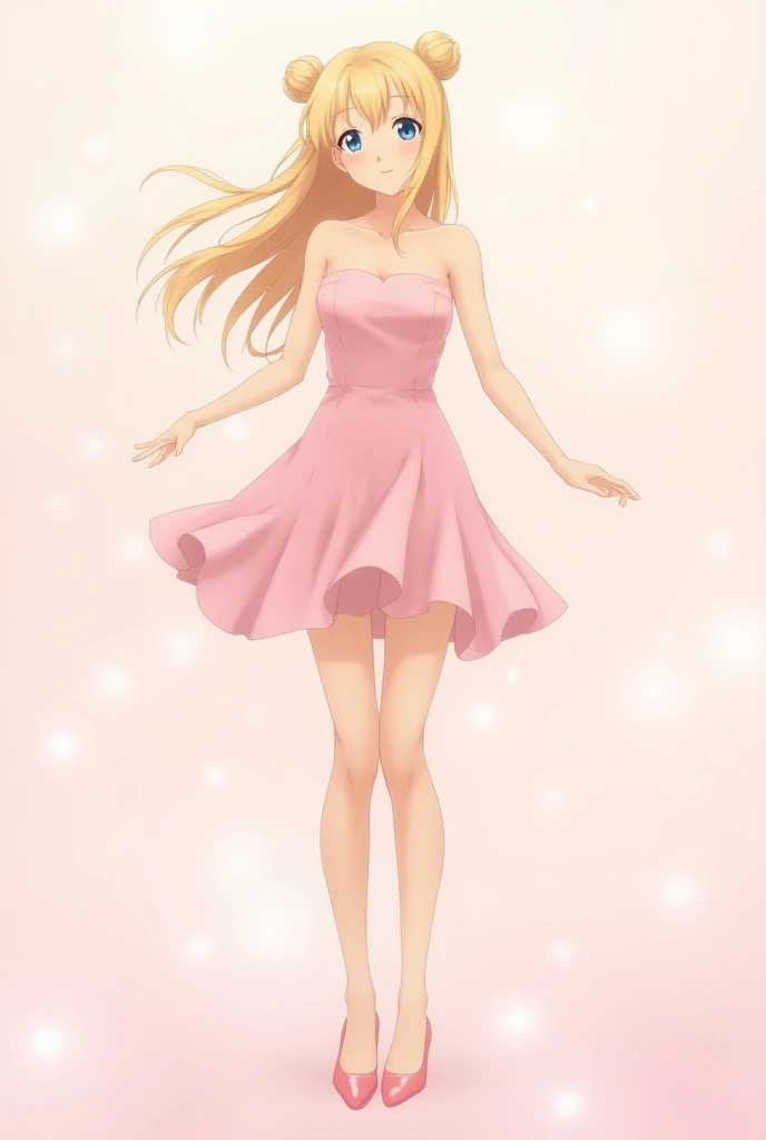 Serenity beautiful beautiful mature anime woman smiling with blue eyes long blonde hair with two bunguitos pink dress without straps or sleeves short line elegant pink heels, light pink background white lights anime style FULL BODY  