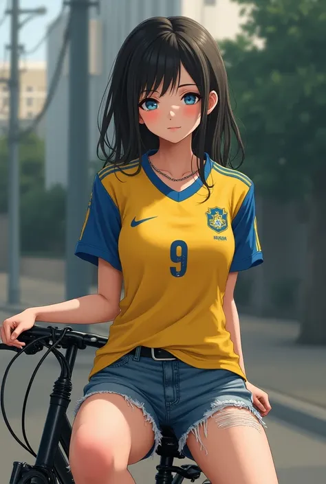 Realistic anime girl 
Color Blanca with blue eyes medium breasts with a chain around her neck wearing a Flamengo shirt and ripped denim shorts sitting on a bike 
