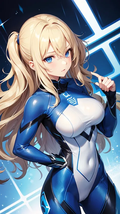 Beautiful Woman, Wavy Medium Blond Hair, Blue Eyes, Medium Breasts, Blue Superhero Suit with a Number Four logo on it, Front View, Neutral Face Expression, 1 Woman