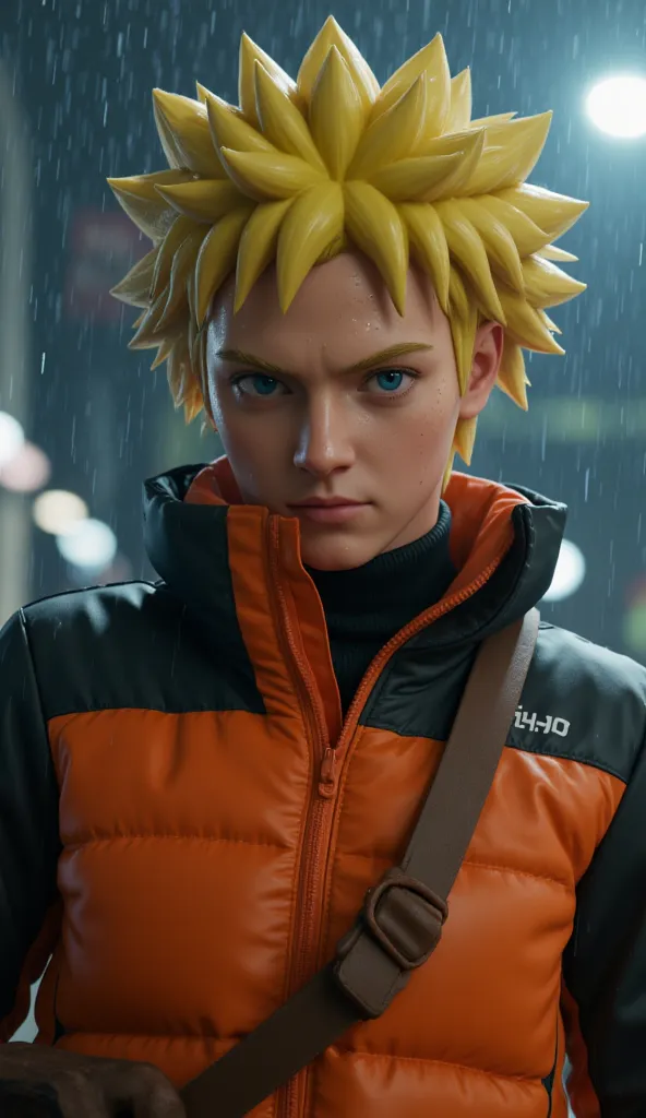 naruto uzumaki, age 16, portrait from chest to hips, wearing orange and black jacket with zipper, ninja tool pouch, young ninja ...