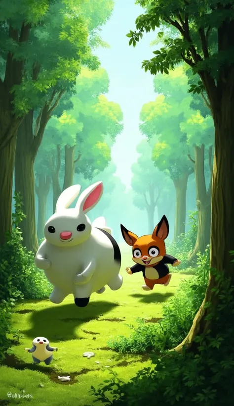 A dynamic scene of the white chunky bunny and baby panda running through the forest, with the fox chasing them, creating a sense of urgency and speed.