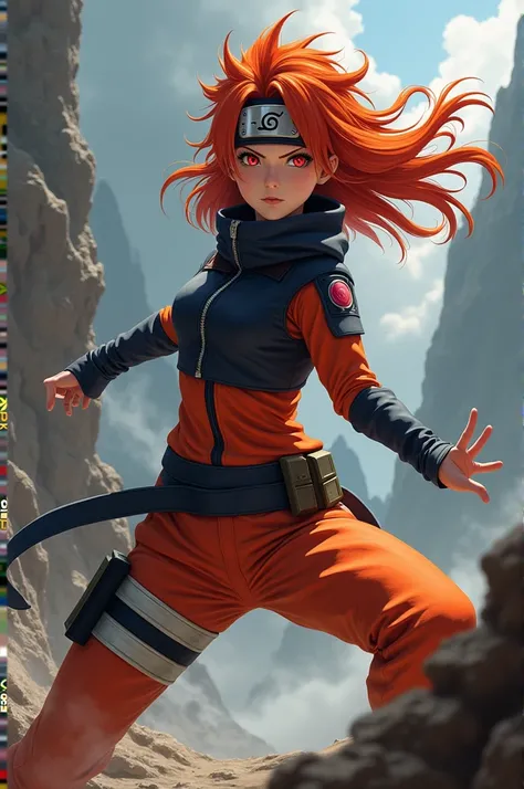 You could create an image of a 15-year-old girl in the style of Naruto with dark orange hair and with the Sharingan 