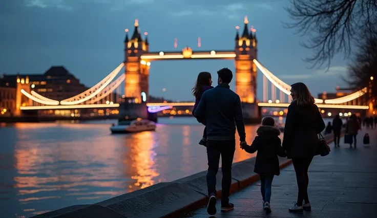 Evening Walk along the Thames to Tower Bridge**

 Along the Thames River, under the glowing lights of Tower Bridge at dusk.
 The family strolls along the river, and Ashok lifts Snow up to give her a better view of the bridge and boats below.
 The river ref...