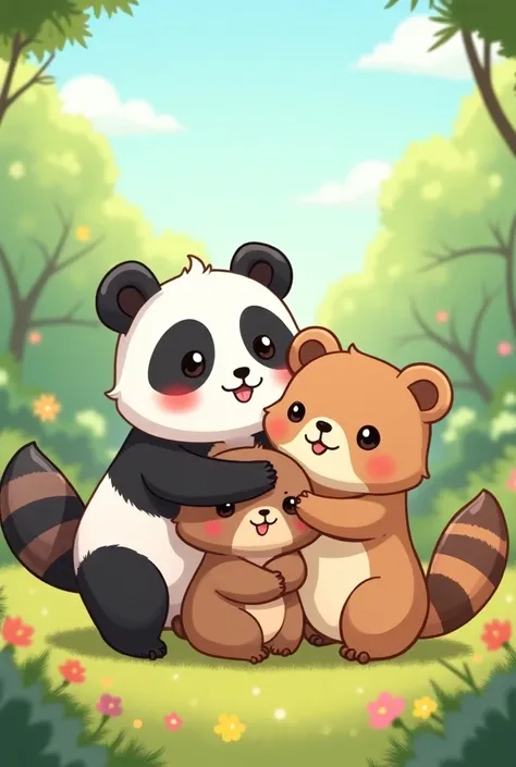 A kawaiii-style illustration of a panda , A raccoon,  a capybara and an otter hugging each other happily 