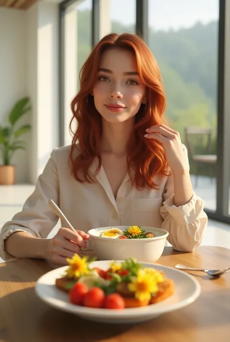 Scarlett brown hair girl, enjoying a healthy breakfast at a large table, soft morning light streaming in through a window, Scandinavian style with minimalism, fresh flowers on the table,realist, super realistic 8K, super detailed and realistic, ((4K doll d...