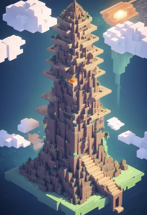 A gigantic tower created in Minecraft that reaches up to the clouds, a huge structure still under construction with a wide surface area that spirals upwards, a Tower of Babel made of stacked sun-dried bricks that stands tall in the desert,