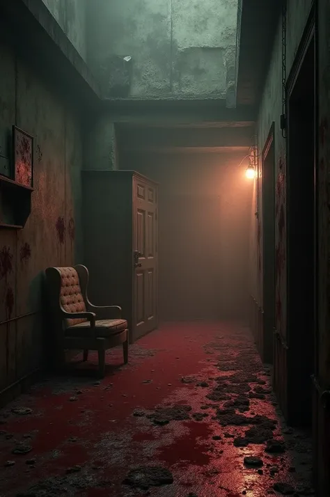 A nightmarish realm within the fog-covered town of Silent Hill, where rooms shift between reality and a decayed, blood-red Otherworld. Rusted, blood-streaked walls, flickering red lights, and monstrous figures lurking in the shadows. The air feels thick wi...