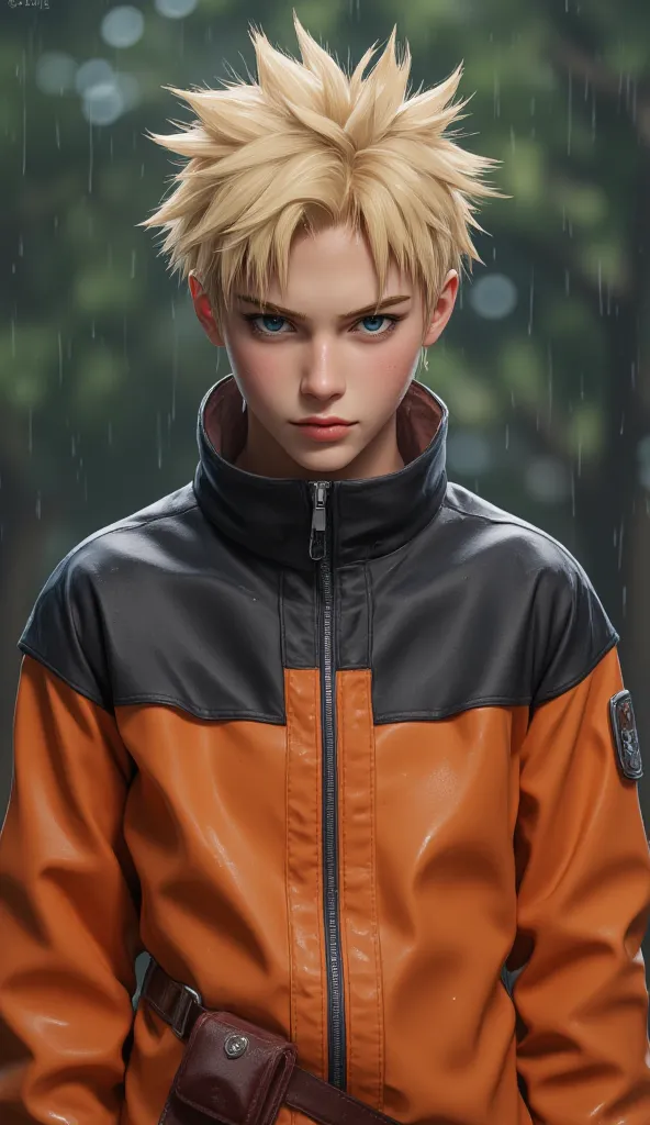 naruto uzumaki, age 16, portrait from chest to hips, wearing orange and black jacket with zipper, ninja tool pouch, young ninja ...