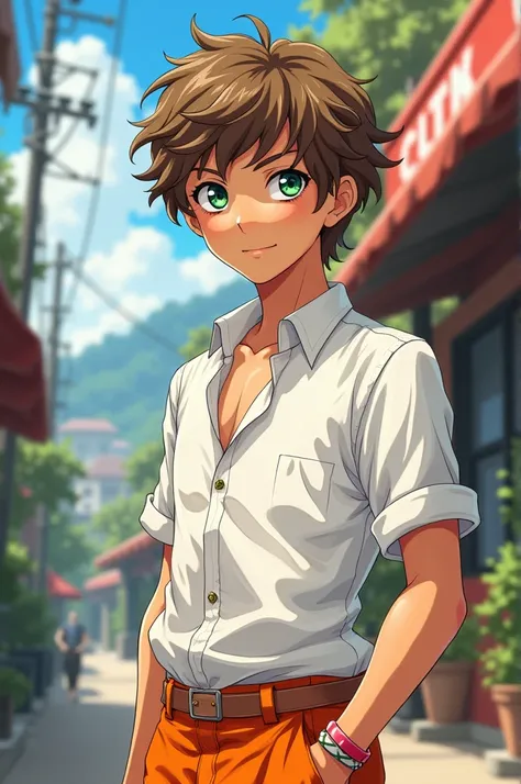  Male teenager with curly light brown hair, very light green eyes and tanned skin. Wearing a white shirt and orange pants .  anime style