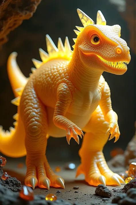  A hybrid creature between a T .  rex and a yellow gem ,  with the muscular and robust body of a dinosaur ,  but its skin has a translucent metallic luster like that of a gem ,  reflecting a golden glow .  scales on its back and tail have shades of yellow ...