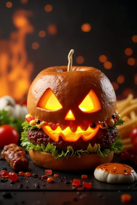 Create an advertisement with the name Flavors from the Grill and Halloween hamburgers in the background 