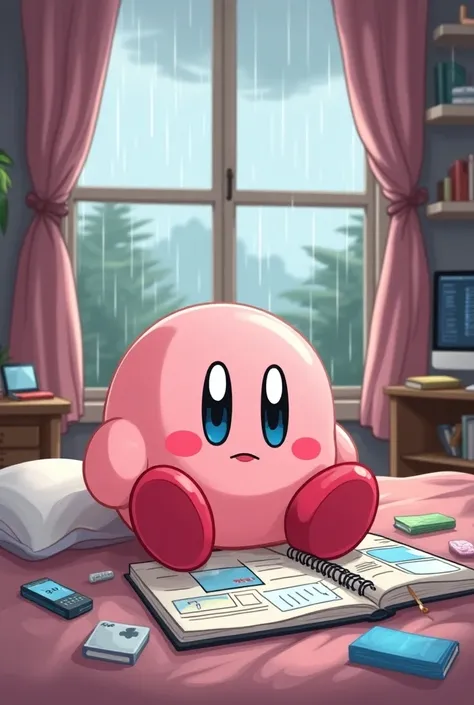 Make me an ebook cover with Kirby making a website on your notebook in your bedroom on a rainy day, cartoon