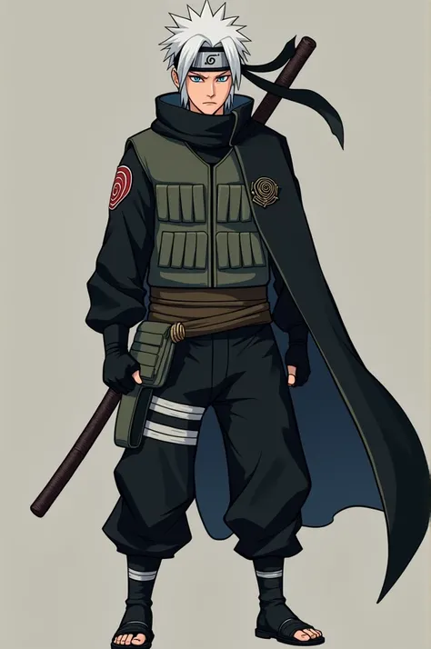  Create an image with these characteristics 
has strong features ,  light, lightly tanned skin and a deep and serious look .  His white hair , typical of the clan ,  is wavy and falls to the shoulders .  He wears them loose ,  with a ninja headband to keep...