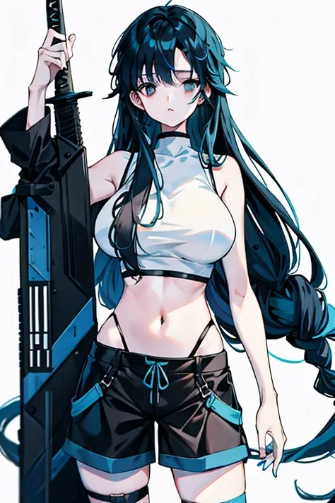 only white background, A woman in a black shorts，black eyes, big breast, Minimalist style，sword, Anime, Neutral tones ,Skinny figure， 22 year old, Long hair, ((blue hair))