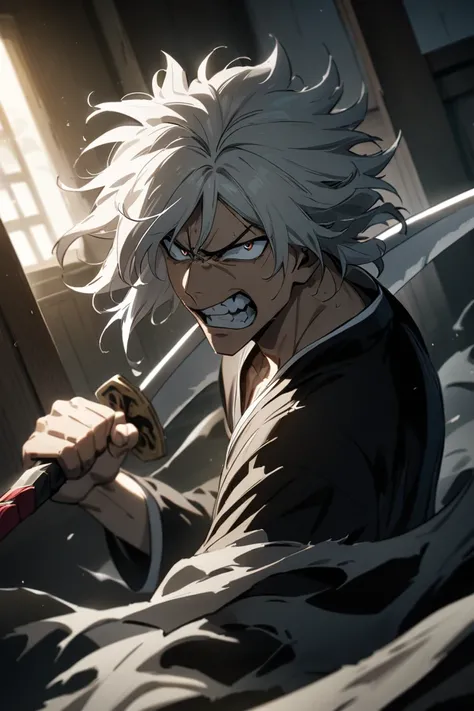 1boy, male focus, bleach anime, solo, holding sword, angry face, looking at viewer, indoors, upper body, cinematic angle,, (masterpiece), (best quality), (ultra-detailed), very aesthetic, illustration, disheveled hair, perfect composition, moist skin, intr...