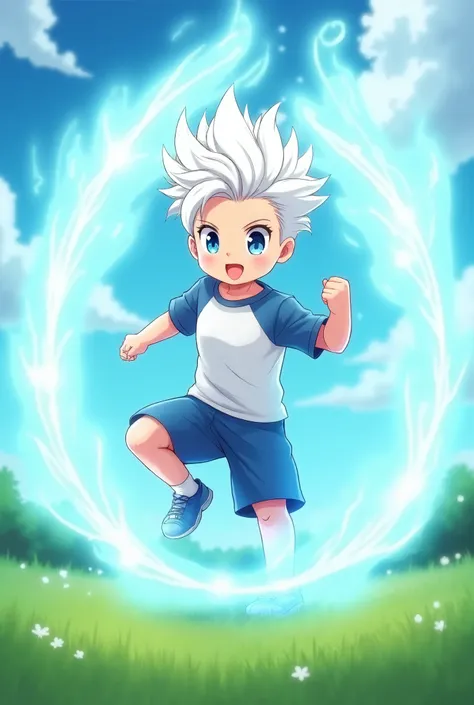  create an anime character, He has white hair that creeps up he has blue eyes he wears a white blouse underneath a shirt a blue sleeve blue shorts light-skinned boy who is on a grass field playing superpowers of blue plasma bursts