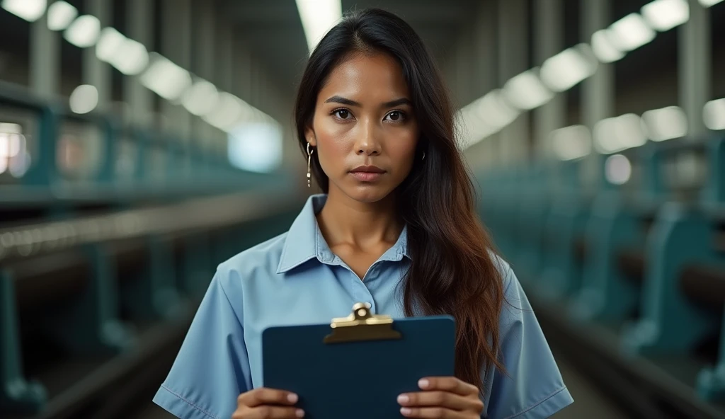  a beautiful Indonesian woman ,  wearing a factory uniform ,  with long hair unraveled or simply dyed,  is in a factory environment .  Eno is seen holding a clipboard ,  his face is serious but soft .  In the background are visible large machines ,  gives ...