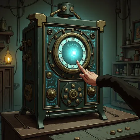 Illustrate a mysterious hand reaching out to press the start button on a highly detailed and futuristic time machine, within an old, vintage laboratory setting. The hand should be partially obscured, adding an element of intrigue and suspense. The time mac...