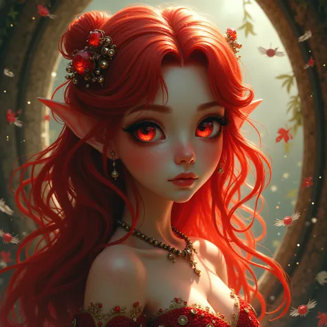 strybk, a red ruby fairy lady, red hair, freckles, detailed face, big reflective eyes, hyperdetailed, complex, deep colors, dynamic composition, liners sketching,  detailed and intricated background, by Julie Bell, Anders Zorn, Travis Charest, 3d, oil pain...