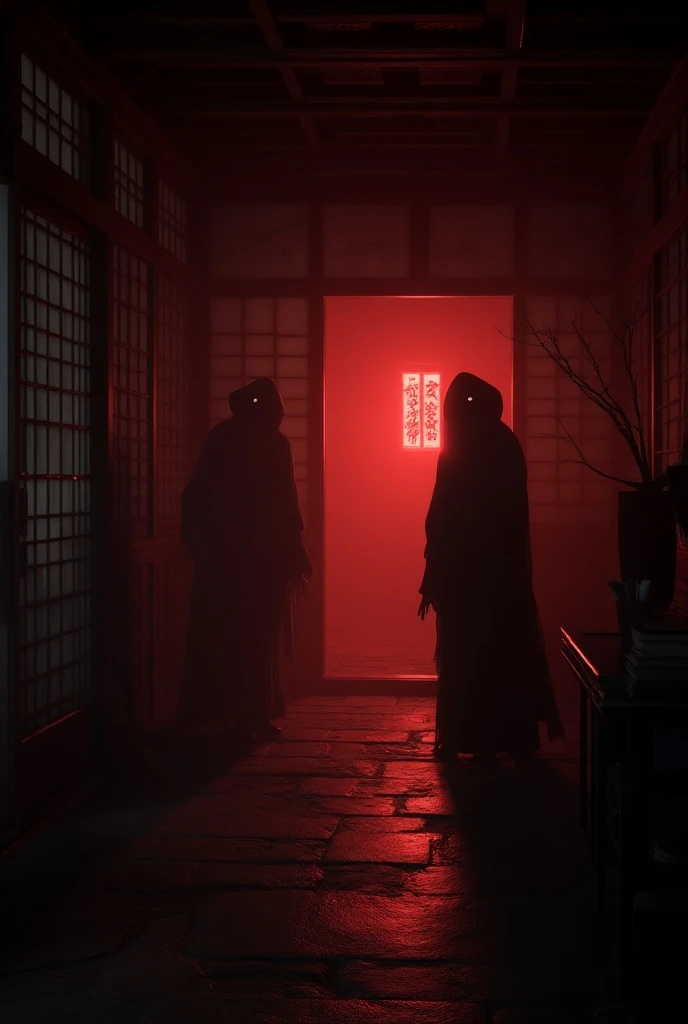 An eerie, atmospheric horror setting where players enter dark, traditional Japanese rooms with flickering red lights and ominous shadows. The air is thick with tension as ghostly figures haunt every corner. As the player captures spirits on film, the room ...