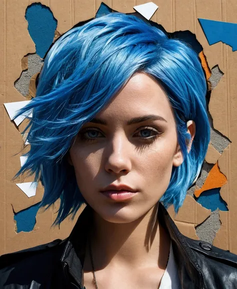 woman with blue hair, in the style of multi-layered collages, edgy street art, celebrity-portraits, cardboard, fragmented icons, realistic hyper-detail, crossed colors --ar 73:111 --stylize 750 --v 6