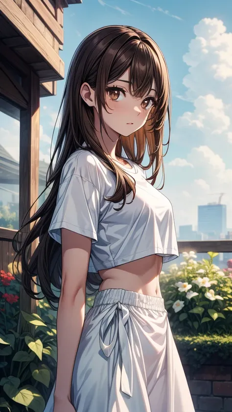 ((masterpiece, best quality:1.8, high detail)), beautiful woman, bright brown eyes, wide-eyed, solo focus, long hair, ((dark brown hair)), (crop top t-shirt), (white skirt), slim body, garden, (cloudy sky),