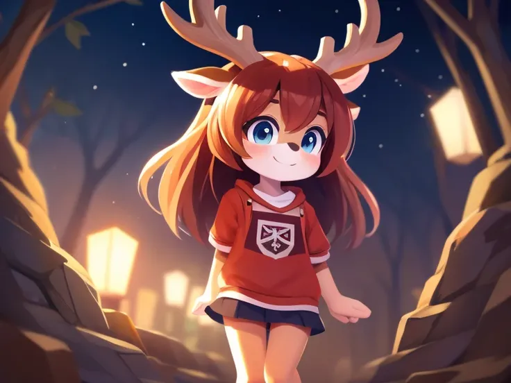 Cute deer girl with shiny hair, detailed body, plain clothes, nice background, high quality, masterpiece h 