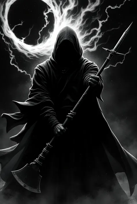 Generate a cover of a black and white manga ,  with a protagonist holding a sickle and behind a black aura 