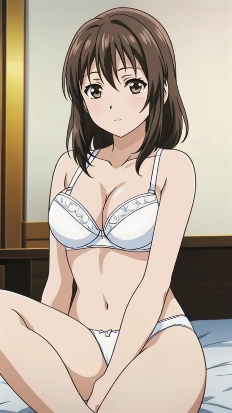 brown hair、long hair、、悲しいface、brown eyes 、 full body style 、beautiful breasts 、 narrow waist 、bare legs、in underwear、、 upper bod...