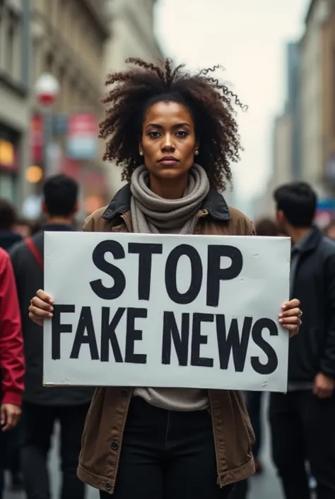 Woman holding a sign written stop fake news.