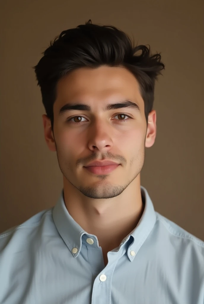 a man about 25 years old wearing a social shirt having a neutral brown background looking directly to the viewer