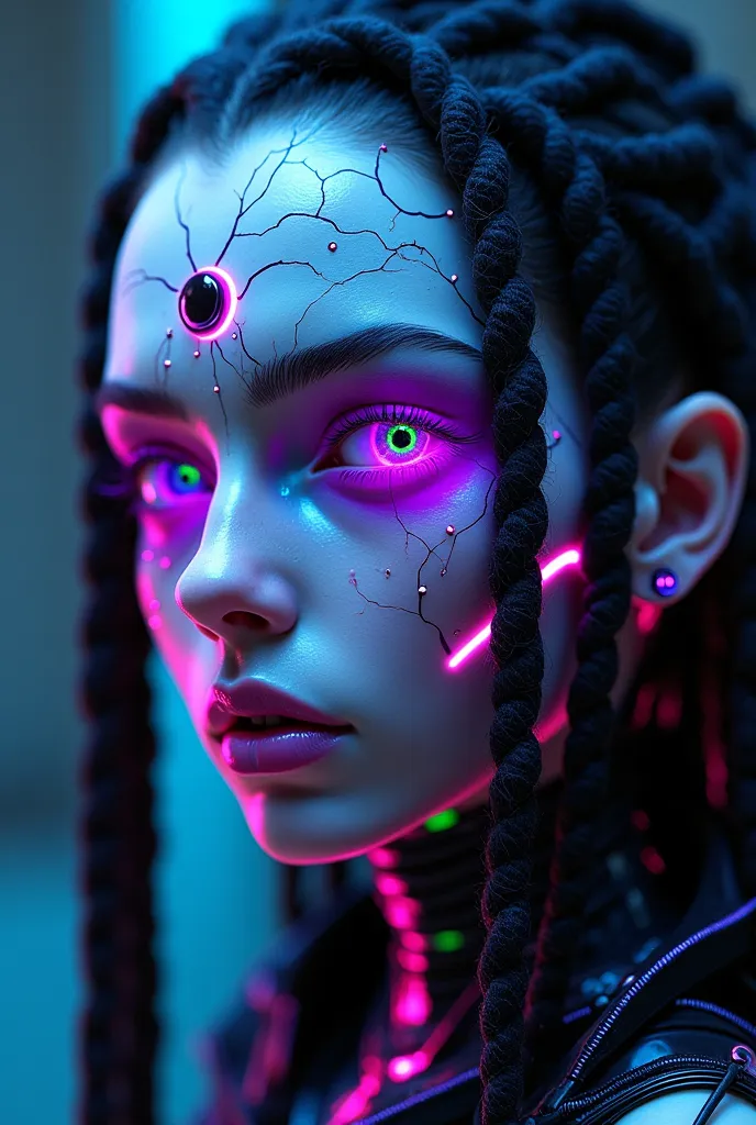 a highly detailed close-up digital artwork portrait of a futuristic, cybernetic character's face, captured from a front angle sl...