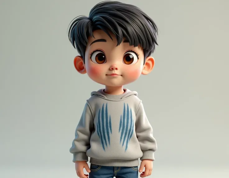 boy with brown eyes and black hair in a sweatshirt with a print of wolf nails in blue jeans and white sneakers 