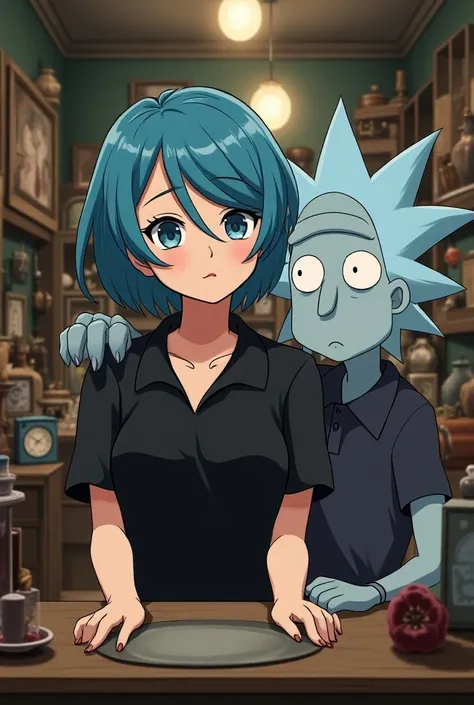 anime,  the face of a beautiful woman , short blue hair, blue eyes,  black polo shirt , next to Rick Sanchez .  behind a counter , It seems fake .  antique shopping store.