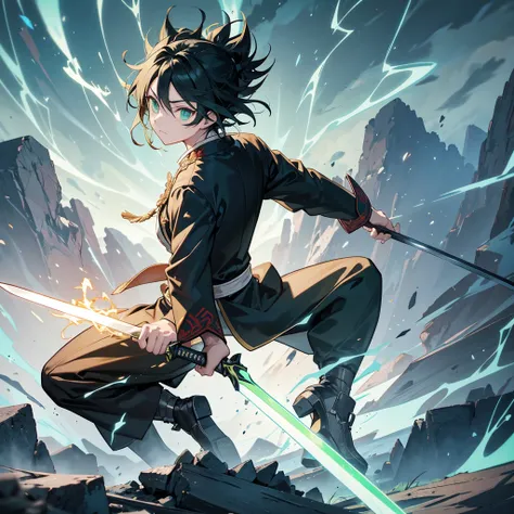 Create an epic and dynamic image featuring a swordsman inspired by the style of Kimetsu No Yaiba (Demon Slayer). The swordsman is seen from the back, leaping forward with his sword drawn, which is enveloped in bright yellow lightning bolts. The green light...