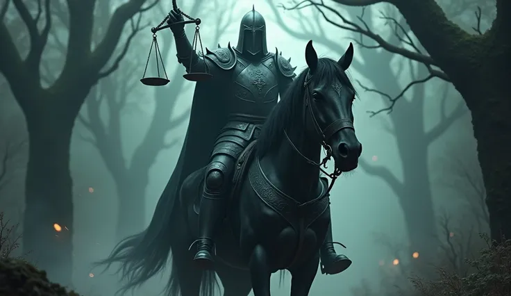 Undead Knight, Undead, Crusader pitch-black armor, (holding a scale of justice), Nightmare Horse, fantasy world, medieval times, a dark forest that glows with eerie lights, horror atmosphere, uncanny, high-precision details, HD, 8k.