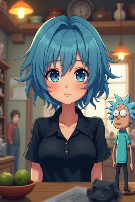 anime,  the face of a beautiful woman , short blue hair, blue eyes,  black polo shirt , next to Rick and Morty .  behind a counter , It seems fake .  antique shopping store.