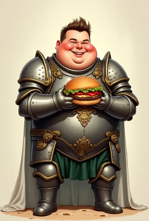 Fat boy in armour eating a burger