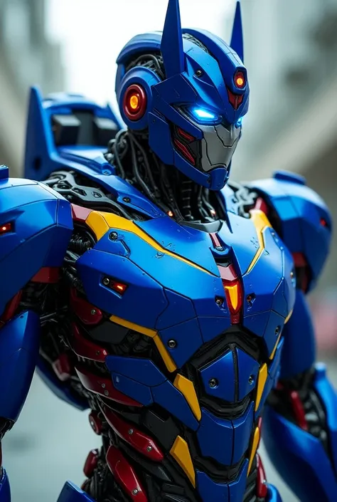   Think of a Transformer with a futuristic design ,  where blue is the predominant color in its armor , highlighting details in red and yellow .  The eyes could be bright blue ,  while the mask covers the rest of its face ,  while yellow lines could accent...