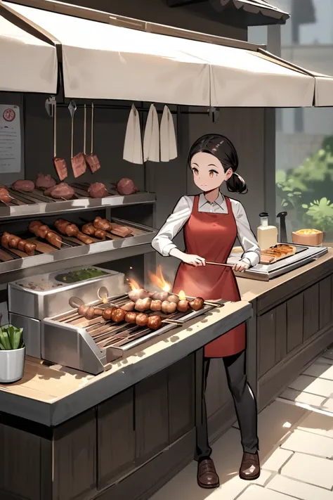  is a little girl wearing a simple trainer dress, Cute and fresh face, , a small slim figure ,  standing lamb skewers ,  roasting lamb skewers , Set up a small stall ,  a place where the world of the practitioner ,  the land of the Thepsian 