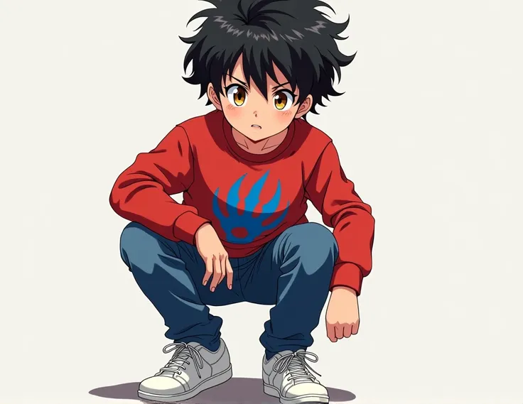 boy with brown eyes and black hair in a red sweatshirt with a print of wolf nails in blue jeans and white sneakers, In anime style