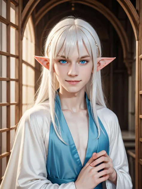 (best quality), 1boy, male, pale skin, white hair, medium hair, swept bangs, straight hair, blue eyes, perfect eyes, smile, blus...