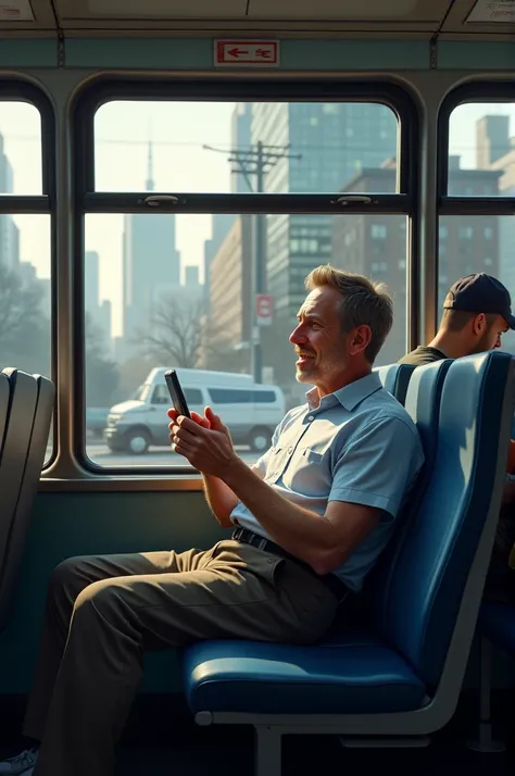 Image of a man talking on the bus window 