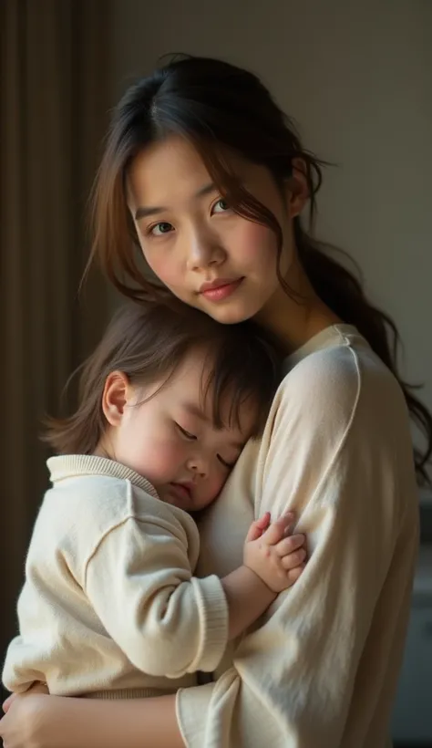 Portrait photo of a protective mother carrying her  in her arms, with a tender and caring look. The  is snuggled up against her, seeking comfort. The stage is lit by soft light, creating a warm and intimate atmosphere. The background is blurred to emphasiz...