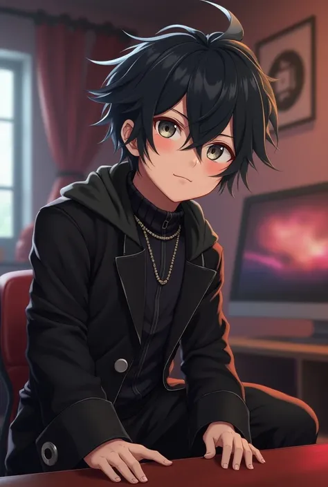 anime boy withe haire up atand harestile eys coler pirpal black hodi bagrond gaming room